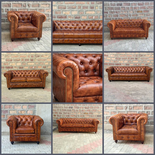Kingsford- Cognac Brown Top Grain Buffalo Leather Chesterfield sofa ( Availabe May End )