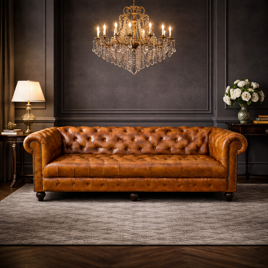 Kingsford- Cognac Brown Top Grain Buffalo Leather Chesterfield sofa ( Availabe May End )