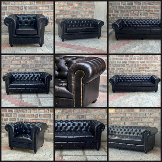 Kingsford Collection – Deep Black Top Grain Buffalo Leather Chesterfield Sofa ( Available May End)