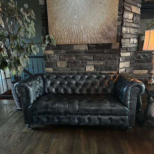 Kingsford - Charcoal Black Top Grain Buffalo Leather Chesterfield sofa - Kukuu Sofa