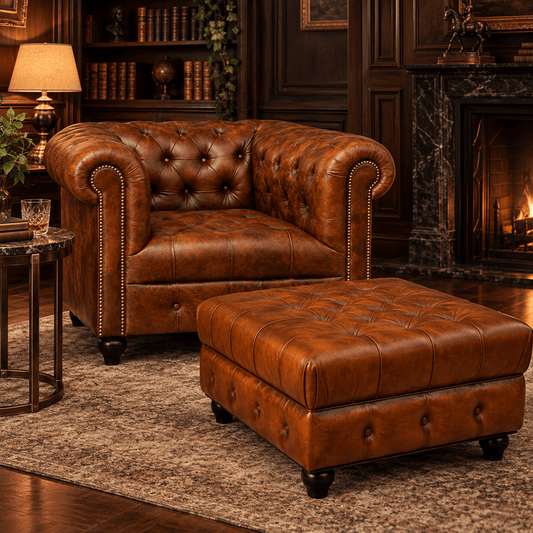 Kingsford - Cognac Brown Top Grain Buffalo Leather Chesterfield Ottoman - Kukuu Sofa
