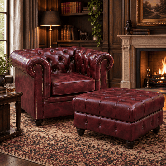 Kingsford Collection – Deep Burgundy Red Top Grain Buffalo Leather Chesterfield Ottoman - Kukuu Sofa