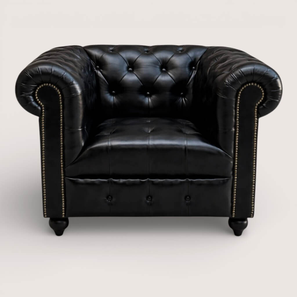 Kingsford Collection – Deep Black Top Grain Buffalo Leather Chesterfield Sofa ( Available May End)