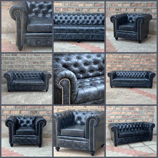 Kingsford - Charcoal Black Top Grain Buffalo Leather Chesterfield sofa ( Availabe May End)