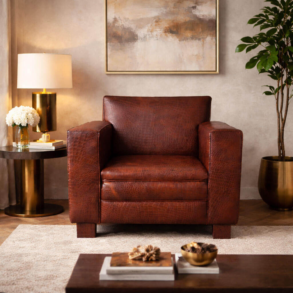 Crocodile Print Leather Armchair UK | Buffalo Leather Club Chair - Kukuu Sofa
