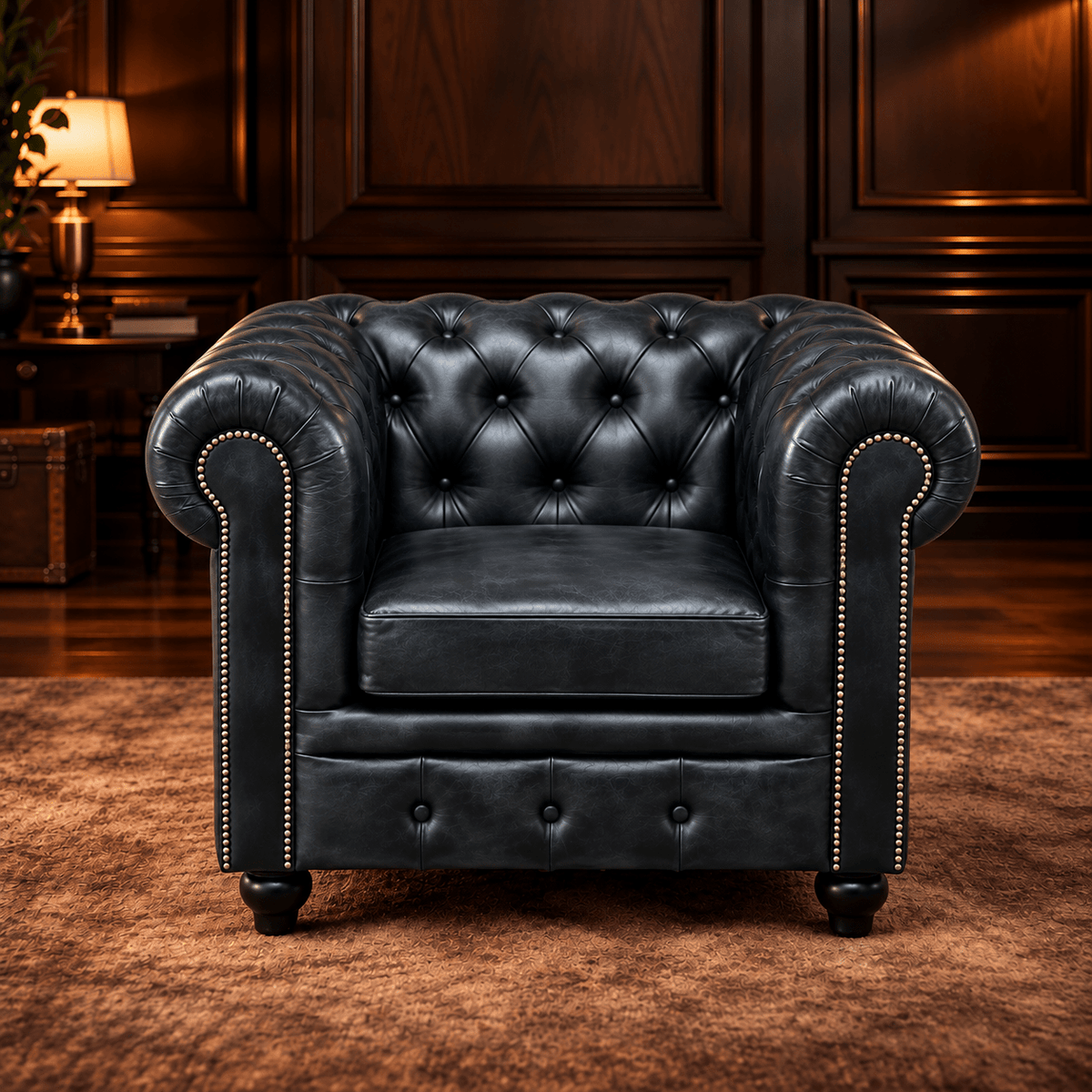 Kingsford - Charcoal Black Top Grain Buffalo Leather Chesterfield sofa - Kukuu Sofa