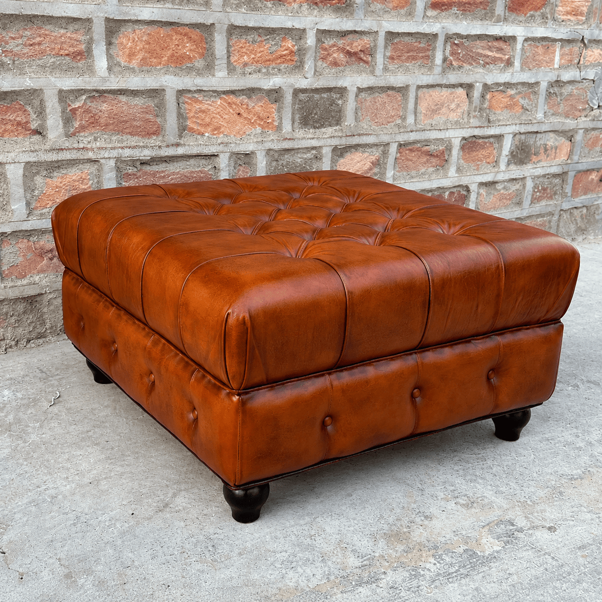 Kingsford - Cognac Brown Top Grain Buffalo Leather Chesterfield Ottoman - Kukuu Sofa