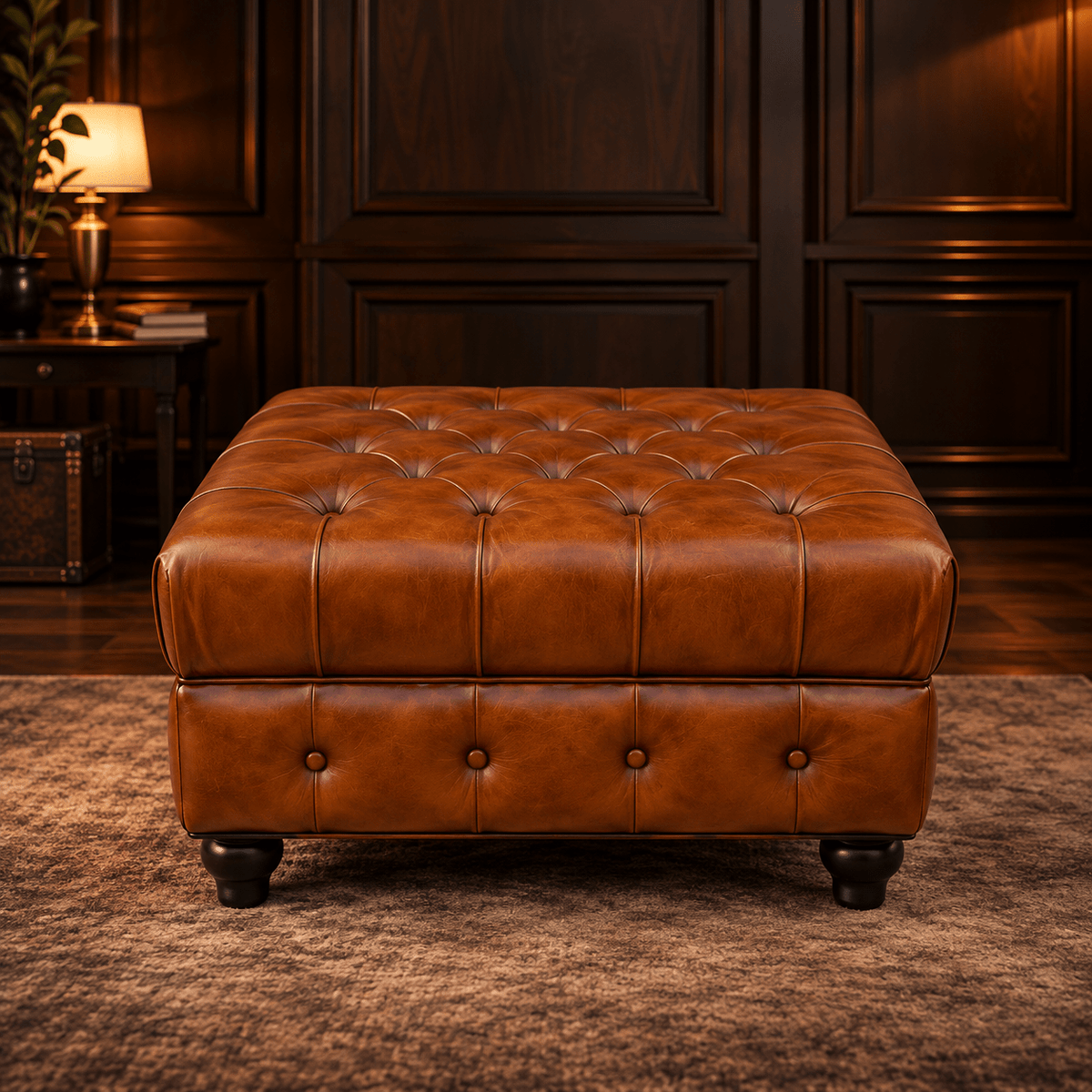 Kingsford - Cognac Brown Top Grain Buffalo Leather Chesterfield Ottoman - Kukuu Sofa