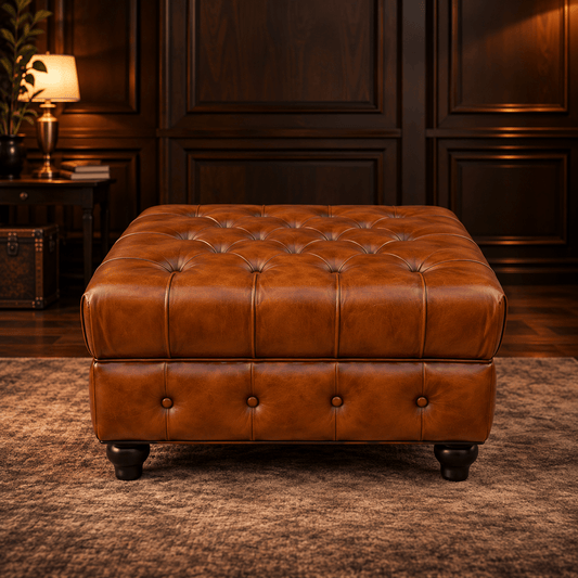 Kingsford - Cognac Brown Top Grain Buffalo Leather Chesterfield Ottoman - Kukuu Sofa