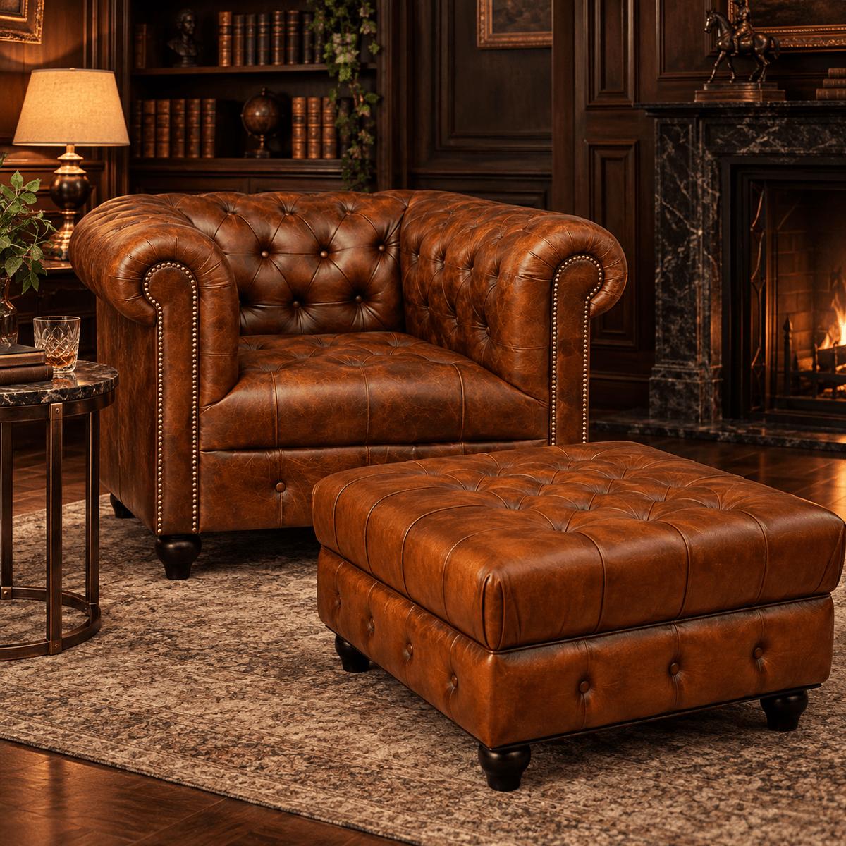 Kingsford - Cognac Brown Top Grain Buffalo Leather Chesterfield Ottoman - Kukuu Sofa