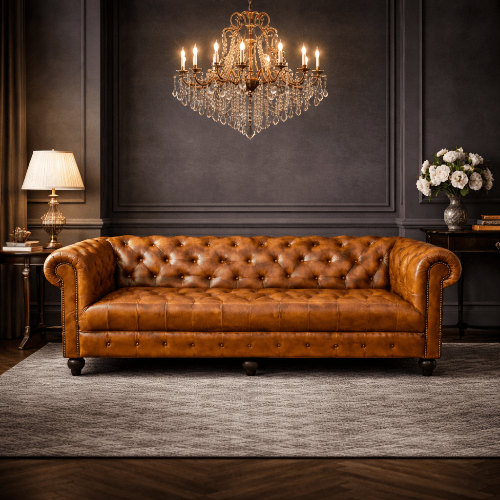 Kingsford - Cognac Brown Top Grain Buffalo Leather Chesterfield sofa - Kukuu Sofa