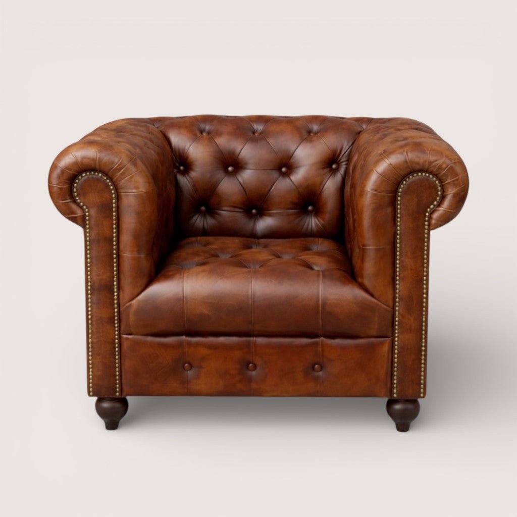 Kingsford - Cognac Brown Top Grain Buffalo Leather Chesterfield sofa - Kukuu Sofa
