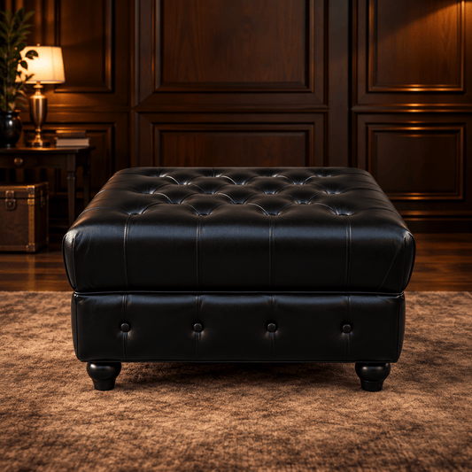 Kingsford Collection – Culcutta Black Top Grain Buffalo Leather Chesterfield Ottoman - Kukuu Sofa