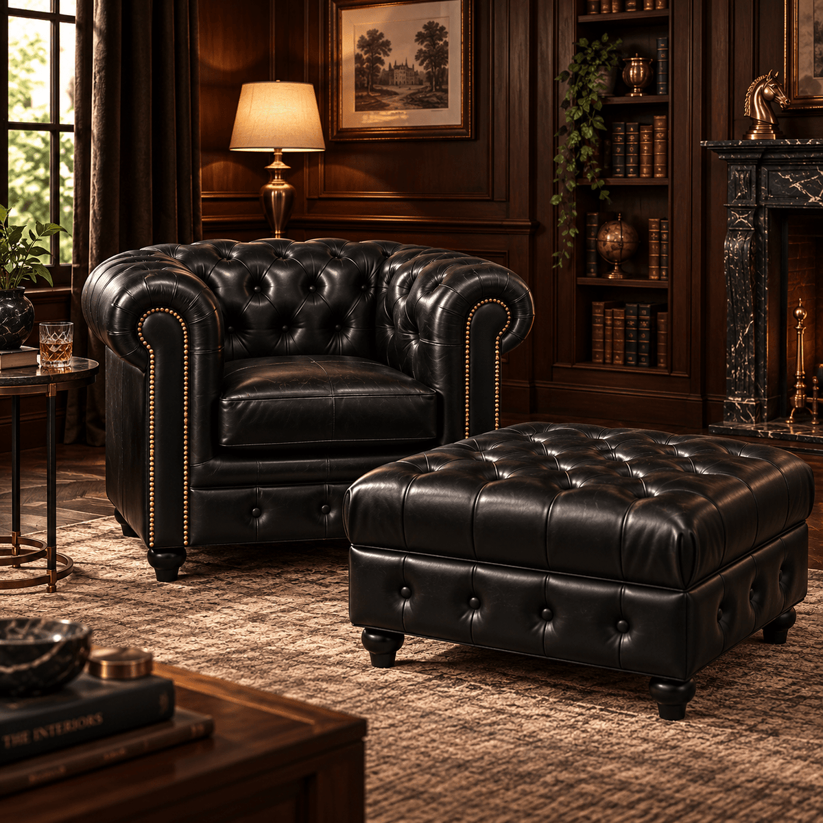 Kingsford Collection – Culcutta Black Top Grain Buffalo Leather Chesterfield Ottoman - Kukuu Sofa