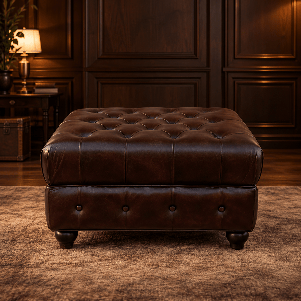 Kingsford Collection - Dark Brown Top Grain Buffalo Leather Chesterfield Ottoman - Kukuu Sofa