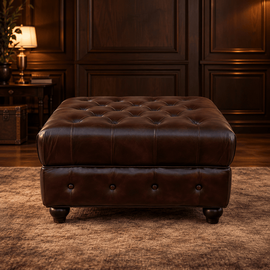 Kingsford Collection - Dark Brown Top Grain Buffalo Leather Chesterfield Ottoman - Kukuu Sofa
