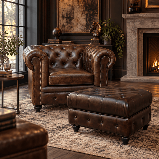 Kingsford Collection - Dark Brown Top Grain Buffalo Leather Chesterfield Ottoman - Kukuu Sofa