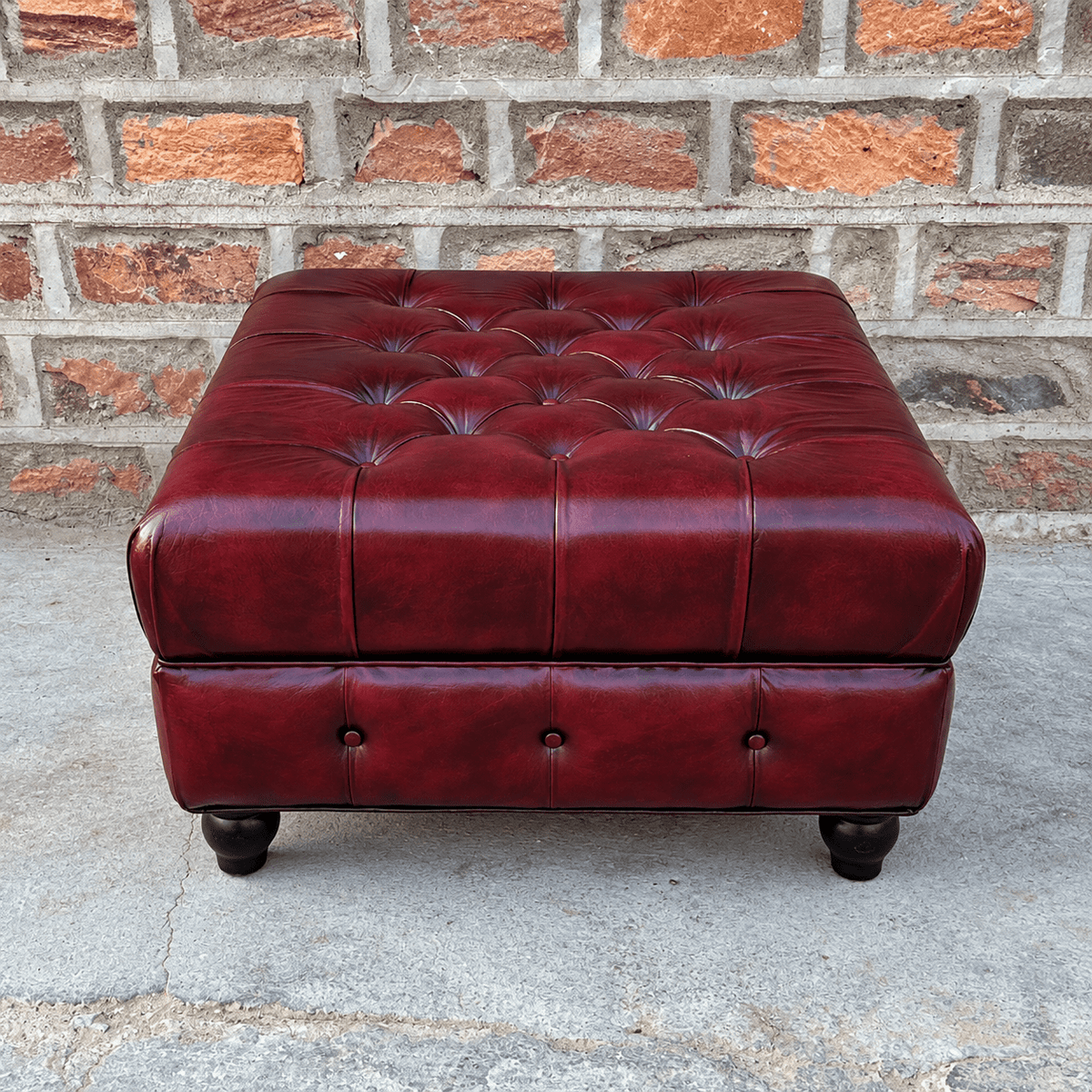 Kingsford Collection – Deep Burgundy Red Top Grain Buffalo Leather Chesterfield Ottoman - Kukuu Sofa