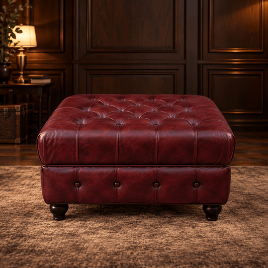 Kingsford Collection – Deep Burgundy Red Top Grain Buffalo Leather Chesterfield Ottoman - Kukuu Sofa