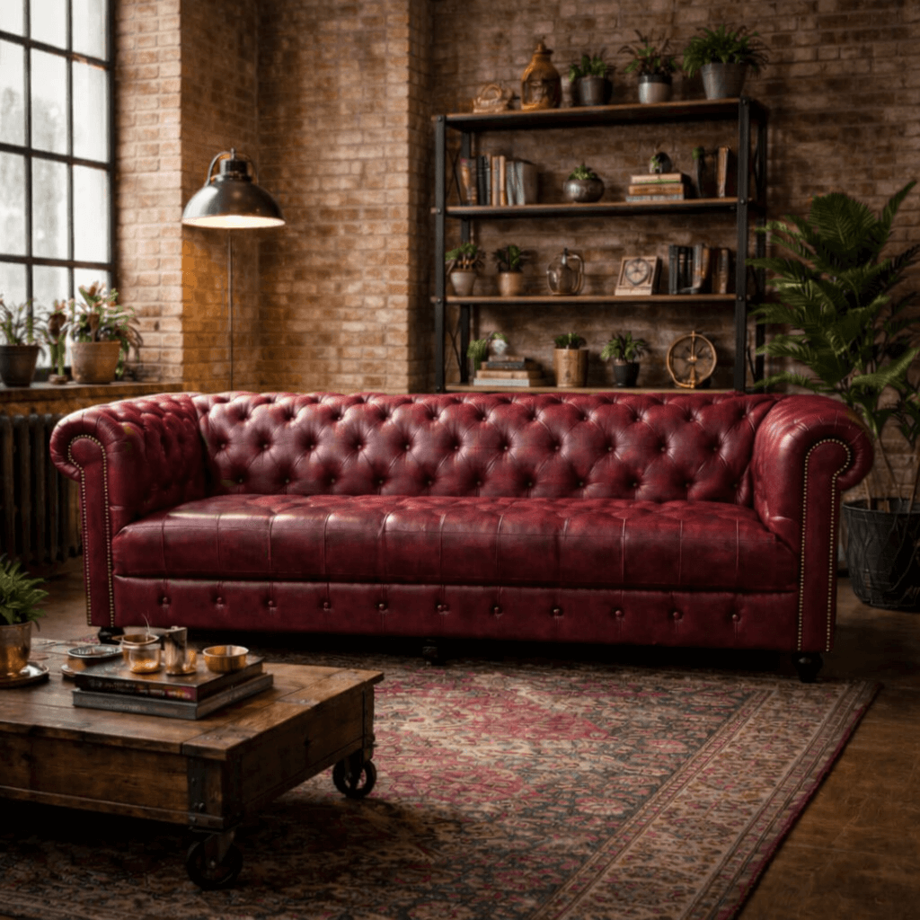 Kingsford Collection – Deep Burgundy Red Top Grain Buffalo Leather Chesterfield sofa - Kukuu Sofa
