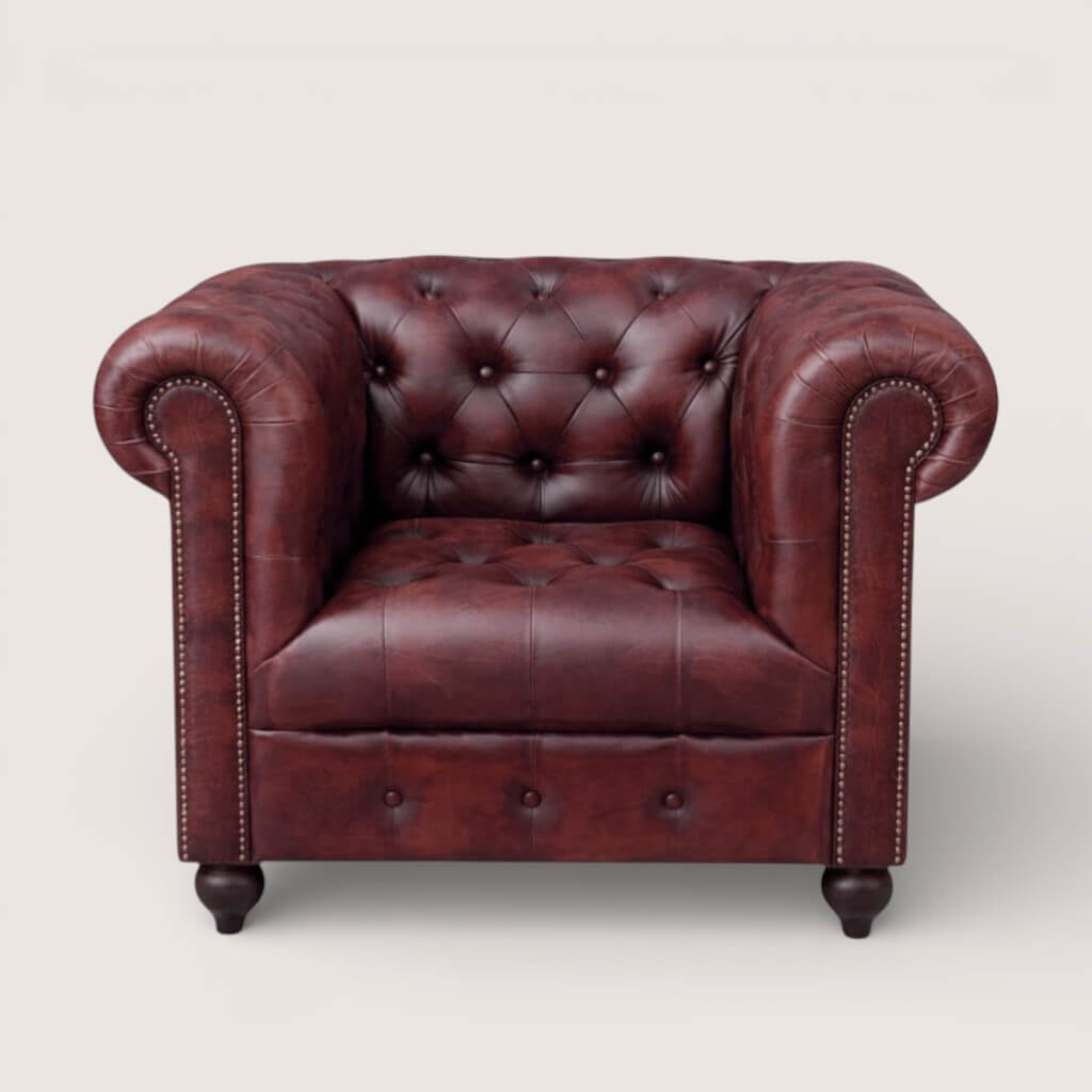 Kingsford Collection – Deep Burgundy Red Top Grain Buffalo Leather Chesterfield sofa - Kukuu Sofa