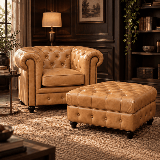Kingsford - Natural Tan Top Grain Buffalo Leather Chesterfield Ottoman - Kukuu Sofa