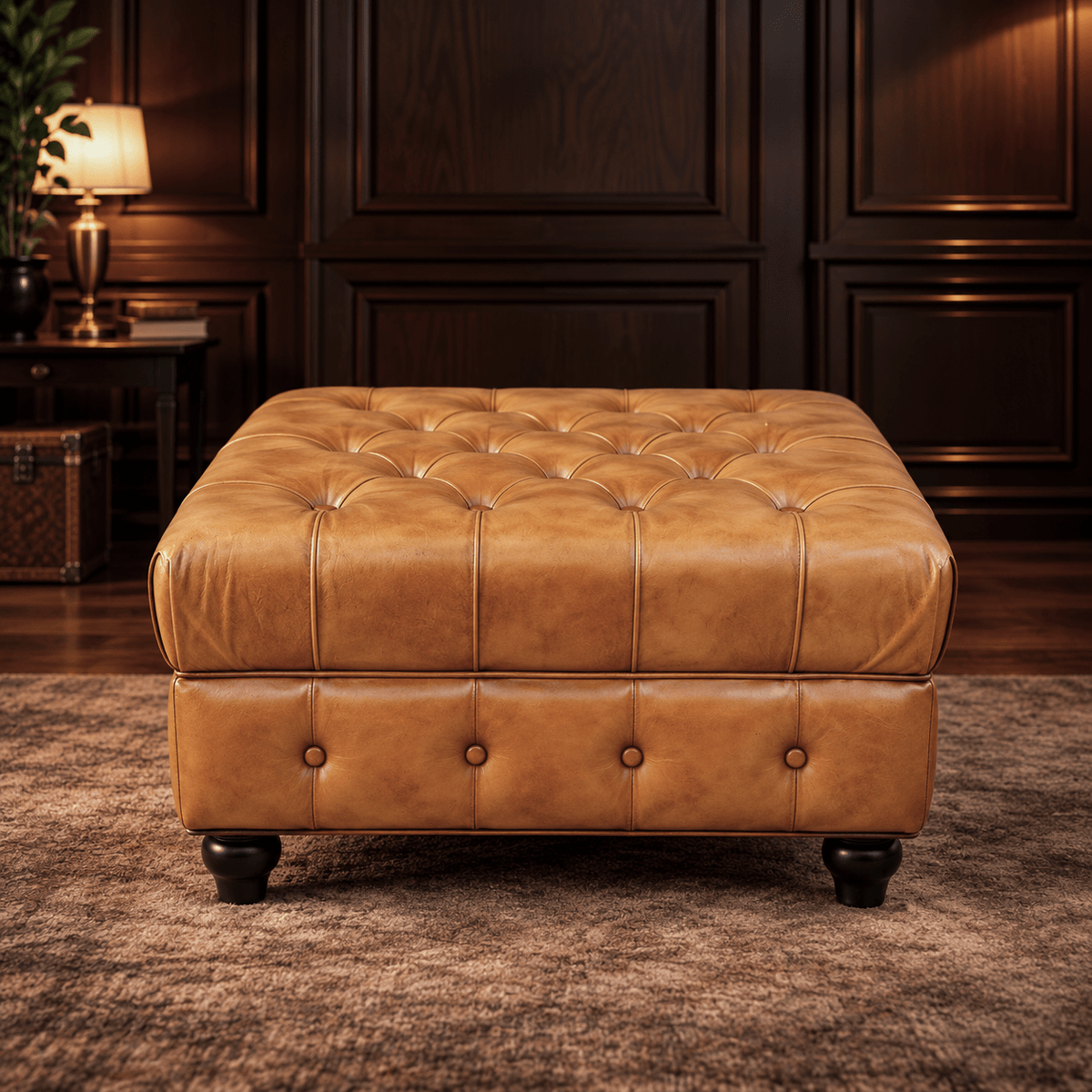 Kingsford - Natural Tan Top Grain Buffalo Leather Chesterfield Ottoman - Kukuu Sofa