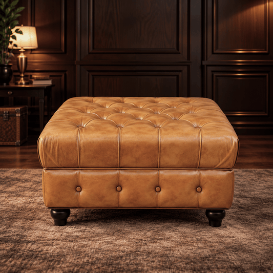 Kingsford - Natural Tan Top Grain Buffalo Leather Chesterfield Ottoman - Kukuu Sofa