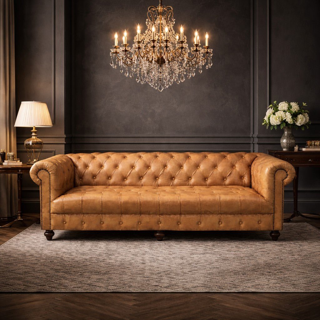 Kingsford - Natural Tan Top Grain Buffalo Leather Chesterfield sofa - Kukuu Sofa
