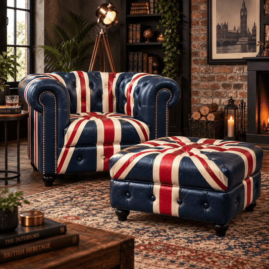 Kingsford – Union Jack Special Edition Hand Painted Top Grain Buffalo Leather Ottoman - Kukuu Sofa