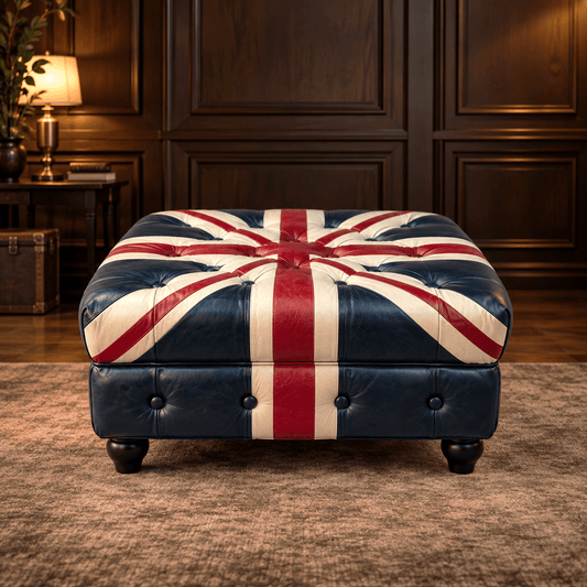 Kingsford – Union Jack Special Edition Hand Painted Top Grain Buffalo Leather Ottoman - Kukuu Sofa