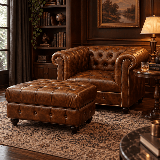 Kingsford - Vintage Brown Top Grain Buffalo Leather Chesterfield Ottoman - Kukuu Sofa