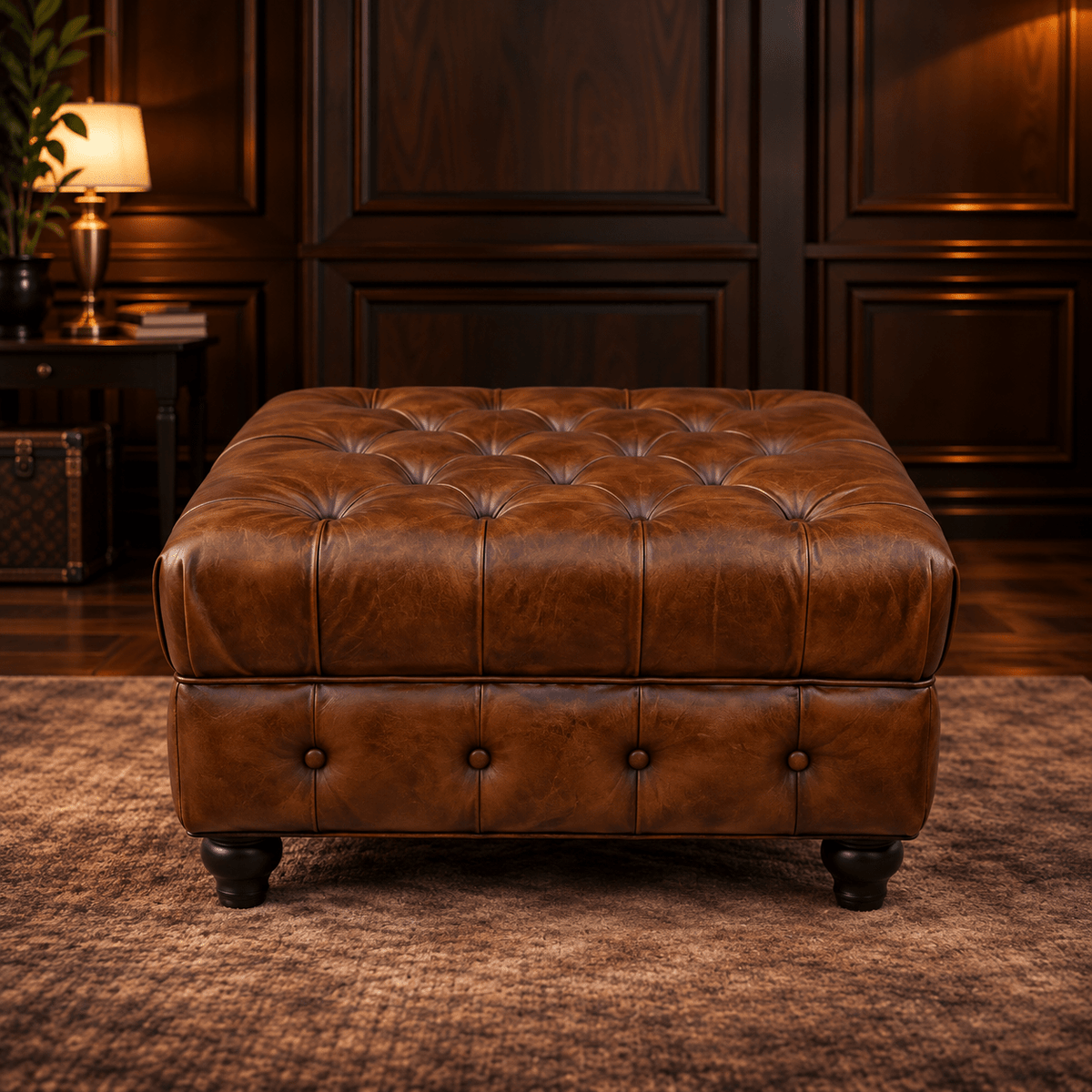 Kingsford - Vintage Brown Top Grain Buffalo Leather Chesterfield Ottoman - Kukuu Sofa
