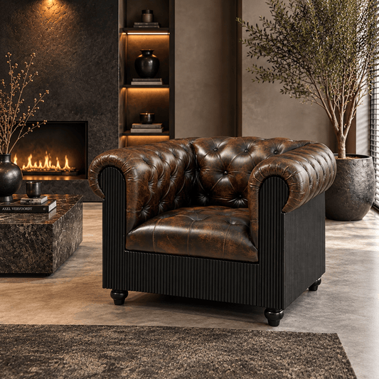 Mayfair Luxury Collection – Distressed Dark Brown Top Grain Buffalo Leather Chesterfield Sofa - Kukuu Sofa