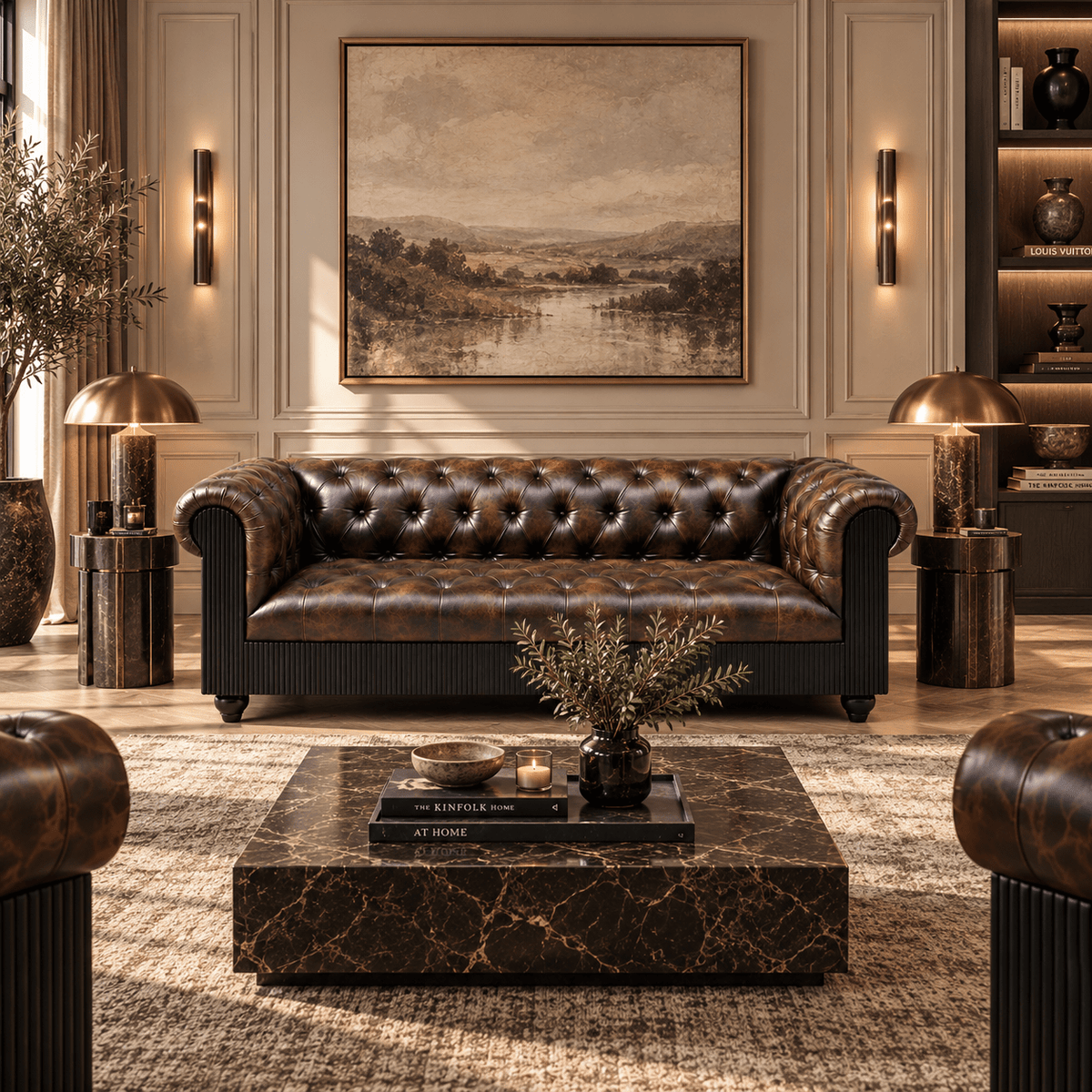 Mayfair Luxury Collection – Distressed Dark Brown Top Grain Buffalo Leather Chesterfield Sofa - Kukuu Sofa