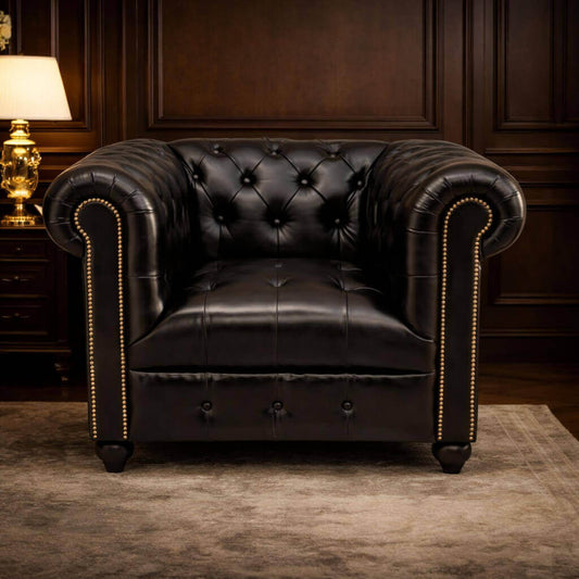 Kingsford Collection – Deep Black Top Grain Buffalo Leather Chesterfield Sofa ( Available May End)