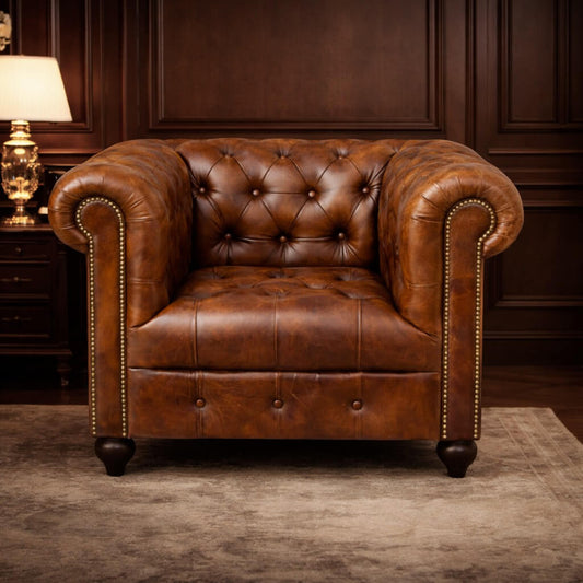 Kingsford- Cognac Brown Top Grain Buffalo Leather Chesterfield sofa ( Availabe May End )