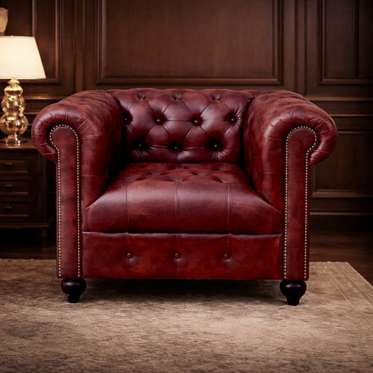Kingsford Collection – Deep Burgundy Red Top Grain Buffalo Leather Chesterfield sofa (Available May End)