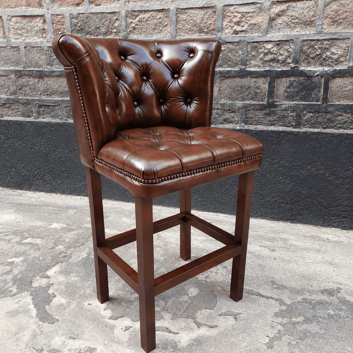Windsor Chesterfield Genuine Leather Bar Stool – Vintage Brown | KUKUU Sofa - Kukuu Sofa