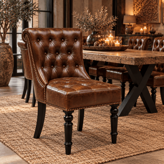 Windsor Chesterfield Genuine Leather Dining Chair – Vintage Brown | KUKUU Sofa - Kukuu Sofa